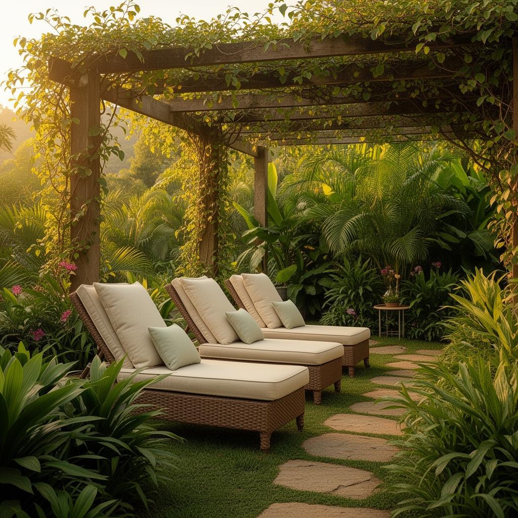 Peaceful garden lounge under a vine pergola