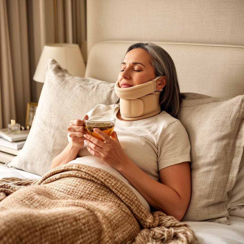 Patient resting in a jaw surgery compression garment with herbal tea