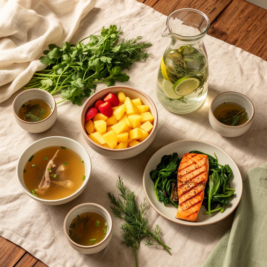 Nutritious recovery meals: broth, fresh fruit, grilled fish and herbal teas