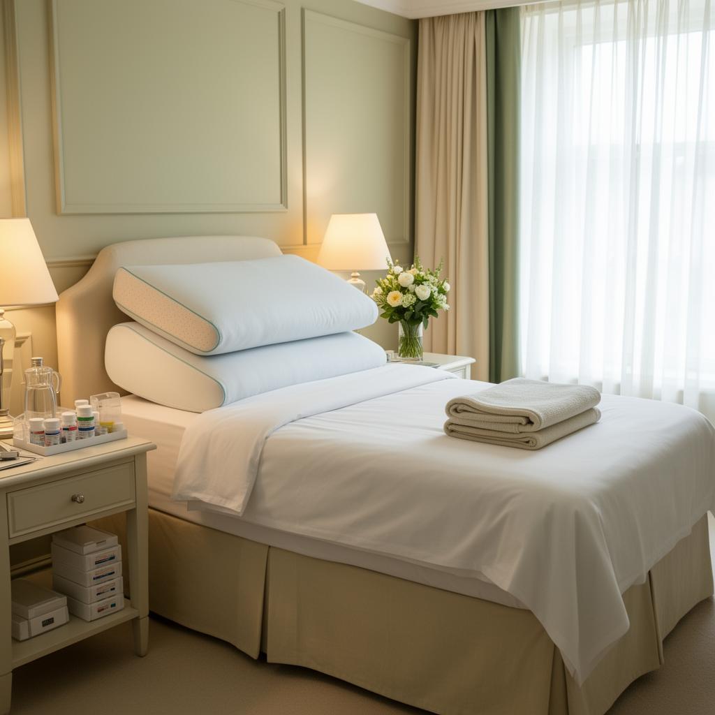 Recovery bedroom with elevated bed, wedge pillows and bedside medication organizer