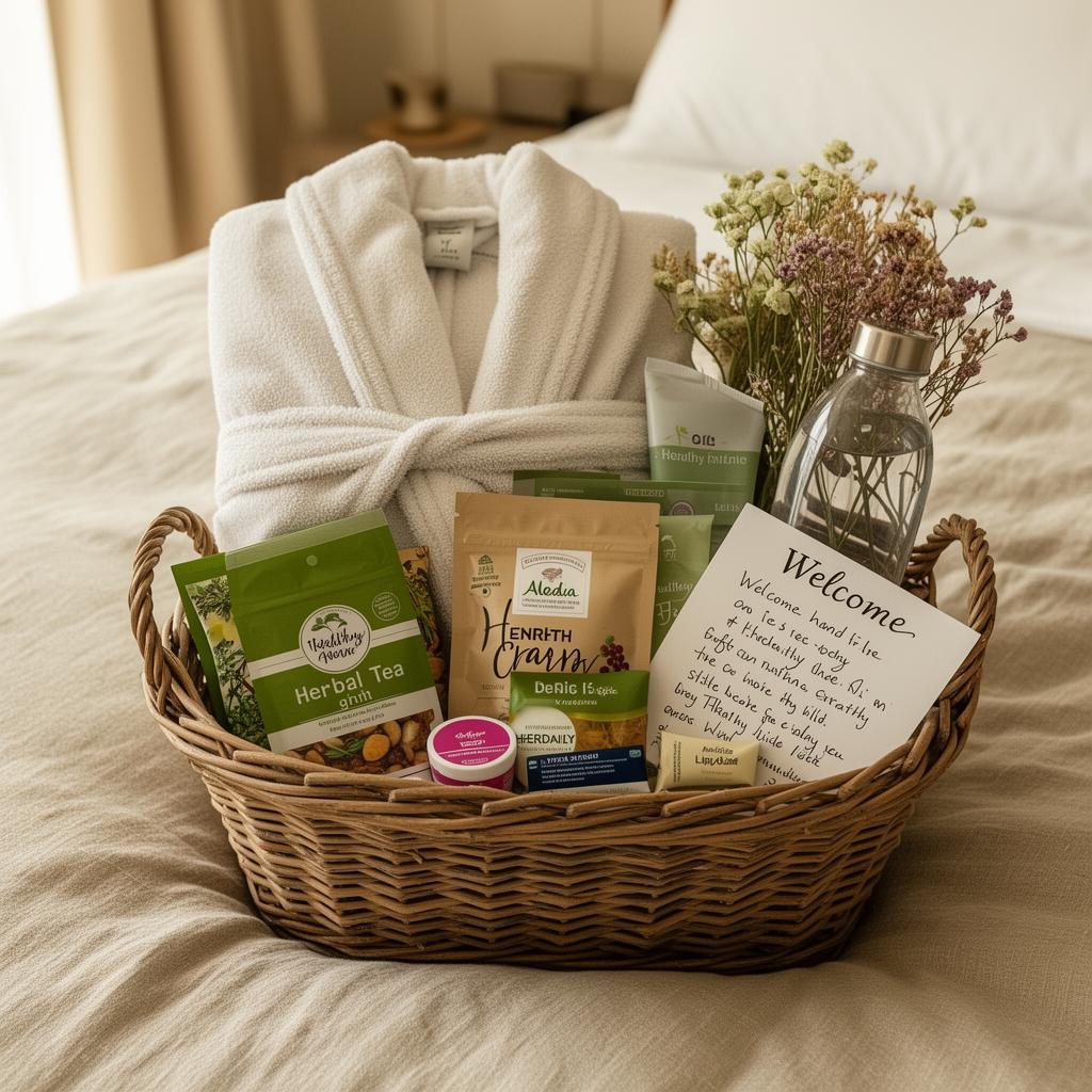 Welcome basket with robe, herbal teas, snacks and toiletries