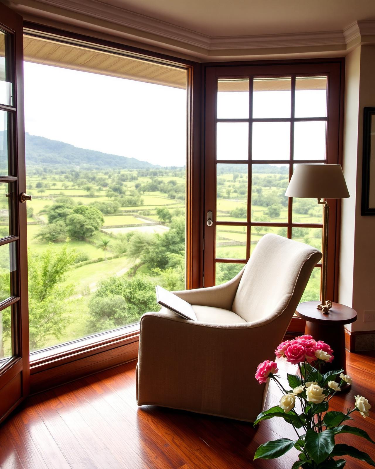 Tranquil lounge with countryside view
